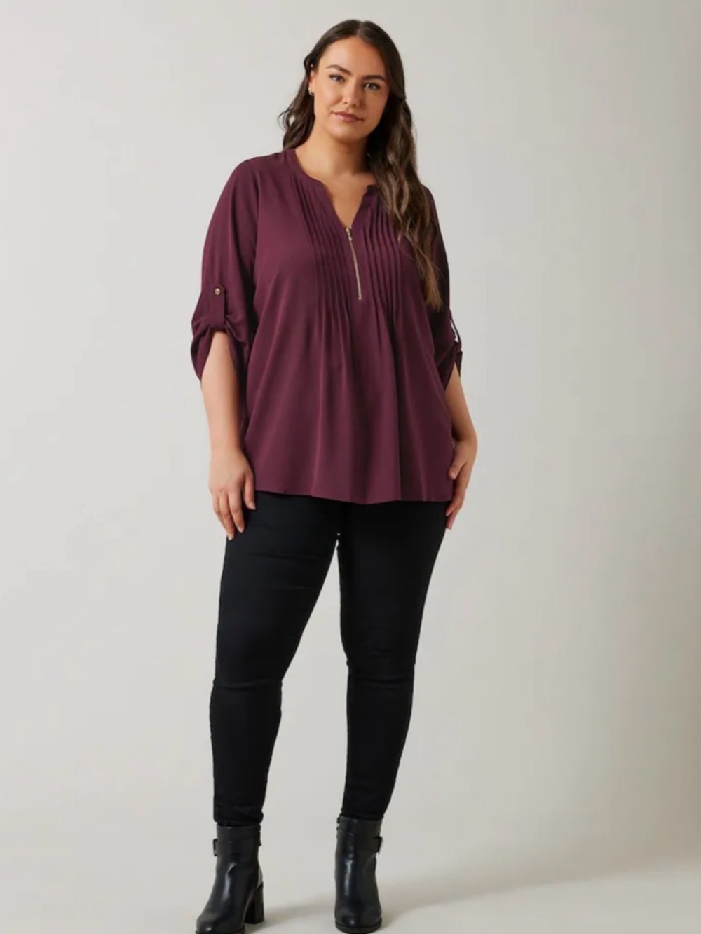 Evans Purple Zip Pintuck Shirt Plus-Size Plum Blouse Gold Zipper & Buttons - Picture 12 of 16